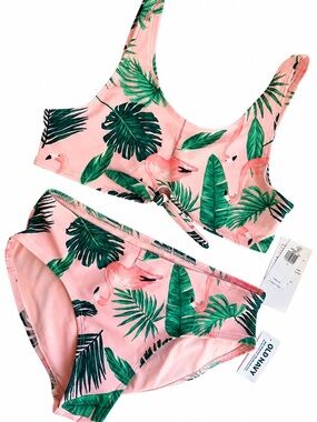 Old Navy Pink Flamingo & Green Tropical Print Girl Bikini SIZE L 10/12